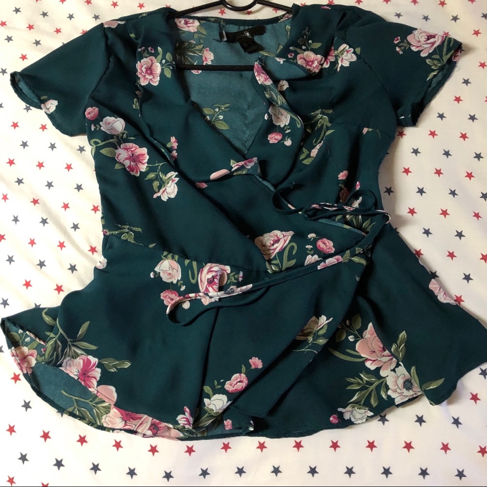Green Floral Ruffles Wrap Top Peplum